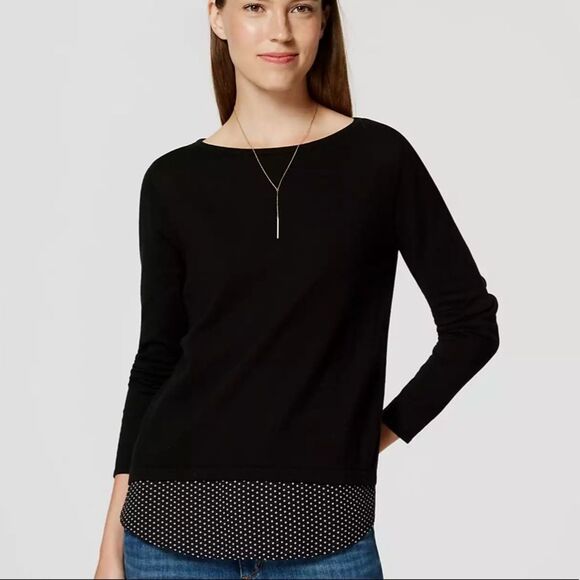 Loft Black Layered Polka Dot Shirttail Lightweight Sweater - Picture 1 of 6